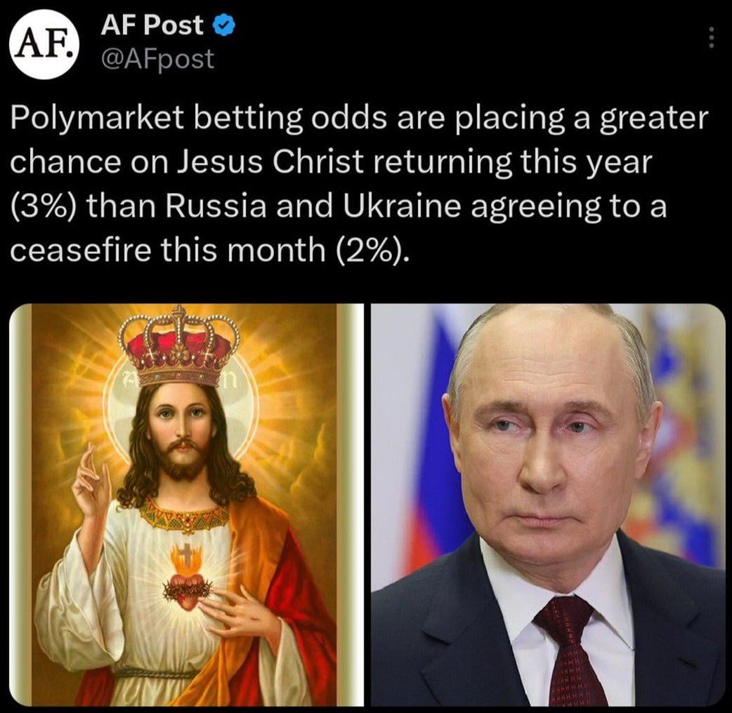 RU POV: The return of Christ is more likely than peace between Russia and Ukraine this month. This is the opinion of Polymarket, one of the largest prediction markets.