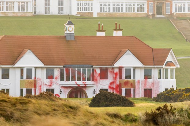 This photo provided by Palestine Action on Saturday, March 8, 2025 shows damage to the Trump owned site of Trump Turnberry golf course and hotel in Scotland. (Palestine Action, Milo Chandler via AP)