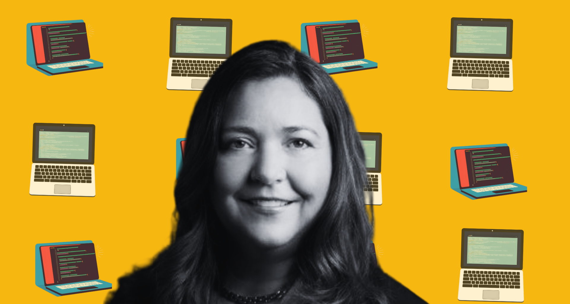 Black and white headshot of Anna Patterson on a mustard-coloured background with laptop wallpaper overlaid