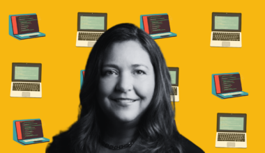 Black and white headshot of Anna Patterson on a mustard-coloured background with laptop wallpaper overlaid