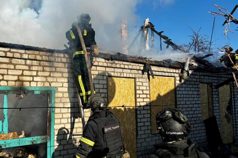 Ukrainian firefighters work to bring a blaze under control at a house destroyed early Monday in a Russian airstrike in the town of Rodynske, in Donetsk. No one was hurt in the attack but at least four people were killed and 13 injured in other strikes in the province and elsewhere across Ukraine. Photo courtesy State Emergency Service of Ukraine/X