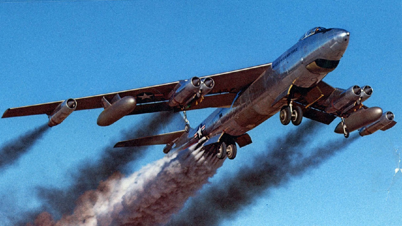 Boeing B-47B rocket-assisted take off on April 15, 1954. (U.S. Air Force photo)