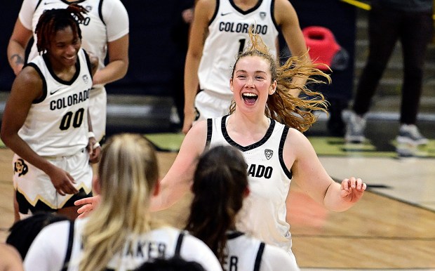Colorado Buffaloes' Frida Formann celebrates the win over the Arizona Wildcats in Boulder on Jan. 13, 2023.(Cliff Grassmick/Staff Photographer)