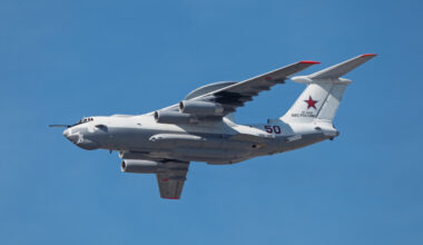 Celebration of the 68th anniversary of the Victory Day (WWII). Flight of aircraft over the city, the Beriev A-50 Mainstay plane in the sky on May 9, 2013 in Moscow, Russia