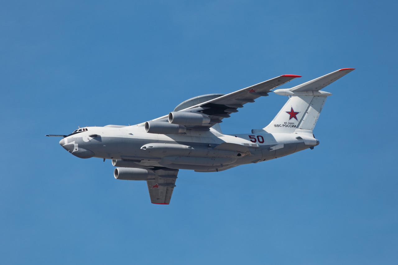 Celebration of the 68th anniversary of the Victory Day (WWII). Flight of aircraft over the city, the Beriev A-50 Mainstay plane in the sky on May 9, 2013 in Moscow, Russia