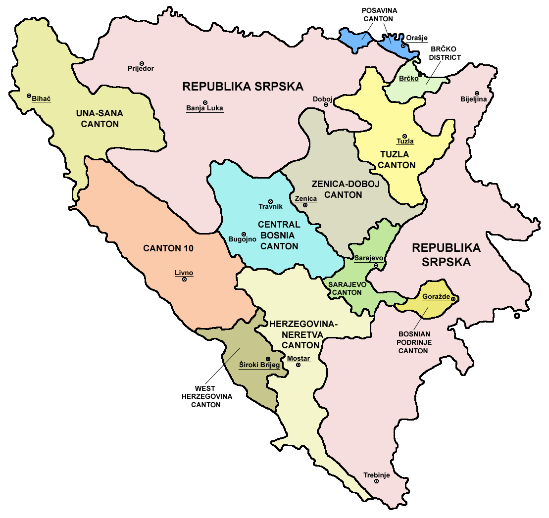Map showing the cantons of the Federation of Bosnia and Herzegovina.