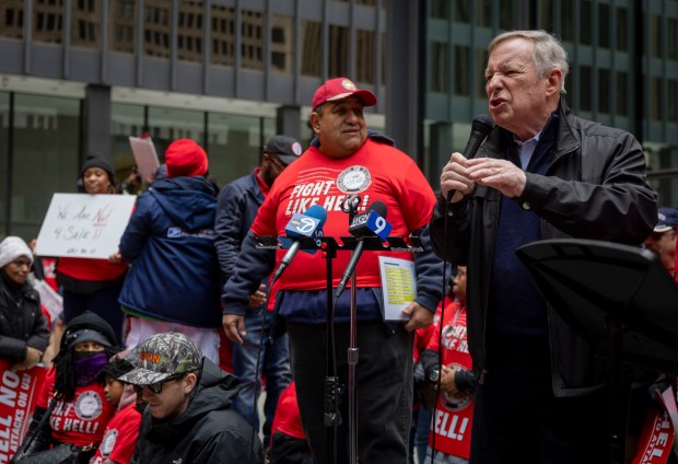 U.S. Sen. Dick Durbin speaks as the National Association of Letter Carriers hosts a rally at Federal Plaza to save the U.S. Postal Service on March 23, 2025. (Brian Cassella/Chicago Tribune)