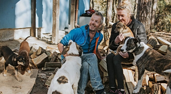 Clair Steele and Neil at dog shelter in Bulgaria