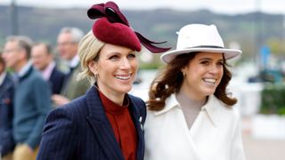 Zara Tindall and Princess Eugenie attend day 2 'Style Wednesday' of the Cheltenham Festival at Cheltenham Racecourse on March 13, 2024