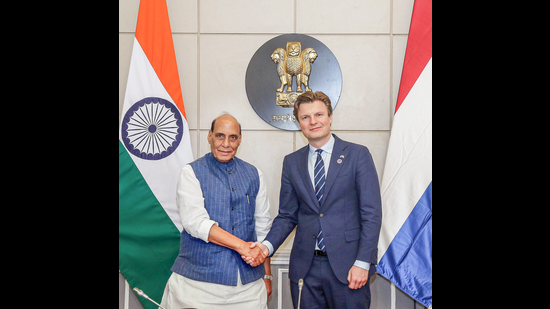 Defence Minister Rajnath Singh meets Netherlands Defence Minister Ruben Berkelmans, in New Delhi on Tuesday. (ANI PHOTO)