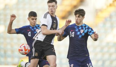 Ivan Cvetko (L) and Luka Vuskovic of U19 Croatia in action against Tom Bischof of U19 Germany during the UEFA Under19 European Championship Qualifi...