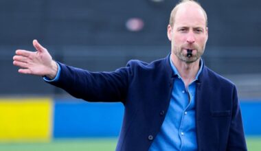 The Prince Of Britain's Prince William, Prince of Wales lows the referee's whistle during a mini football game as part of his visit to the FA Refer...