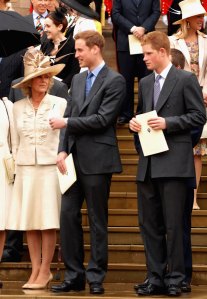 WINDSOR, ENGLAND - APRIL 23: (L-R) Camilla, Duchess of Cornwall, Prince William and Prince Harry attend  the Thanksgiving Service for Queen Elizabeth II's 80th Birthday at St George's Chapel at Windsor Castle on April 23, 2006 in Windsor, England. (Photo Anwar Hussein/Getty Images)