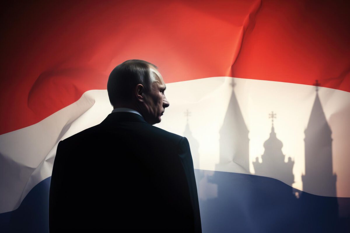 Präsident Putin in der Rückansicht und steht vor der Russischen Flagge. Putin ist 72 Jahre alt