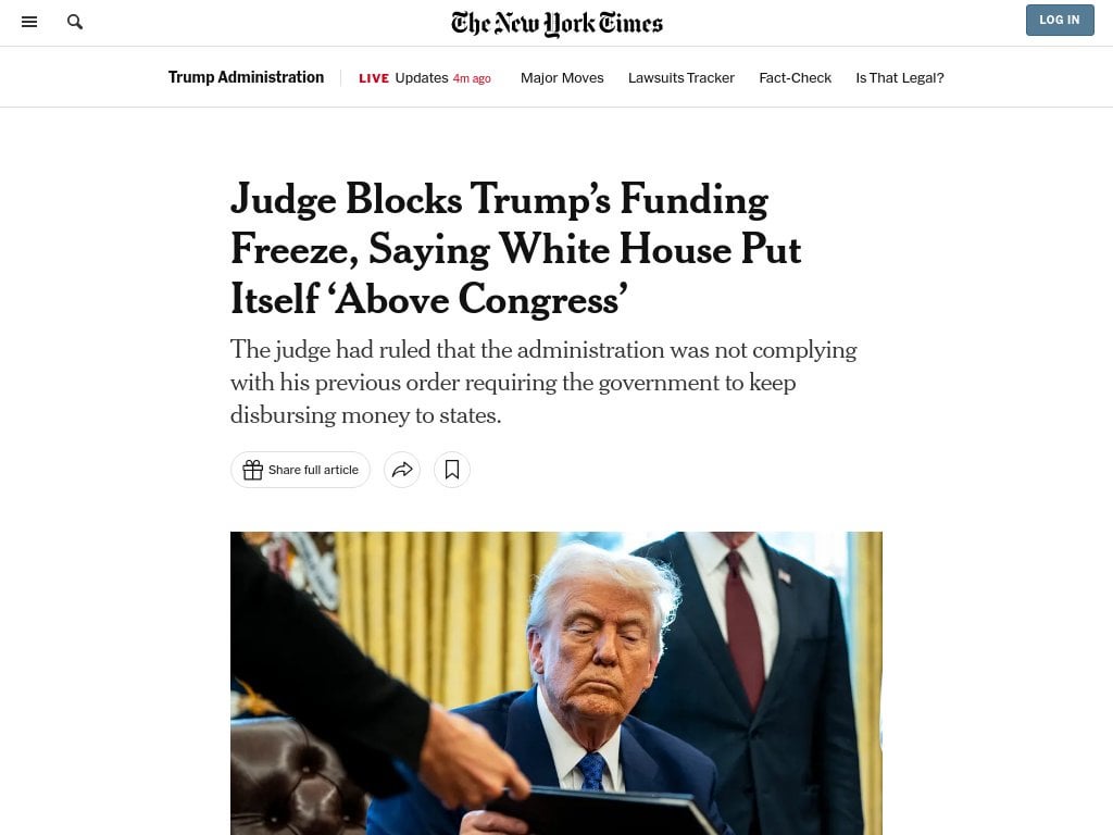 Judge Blocks Trump’s Funding Freeze, Saying White House Put Itself ‘Above Congress’