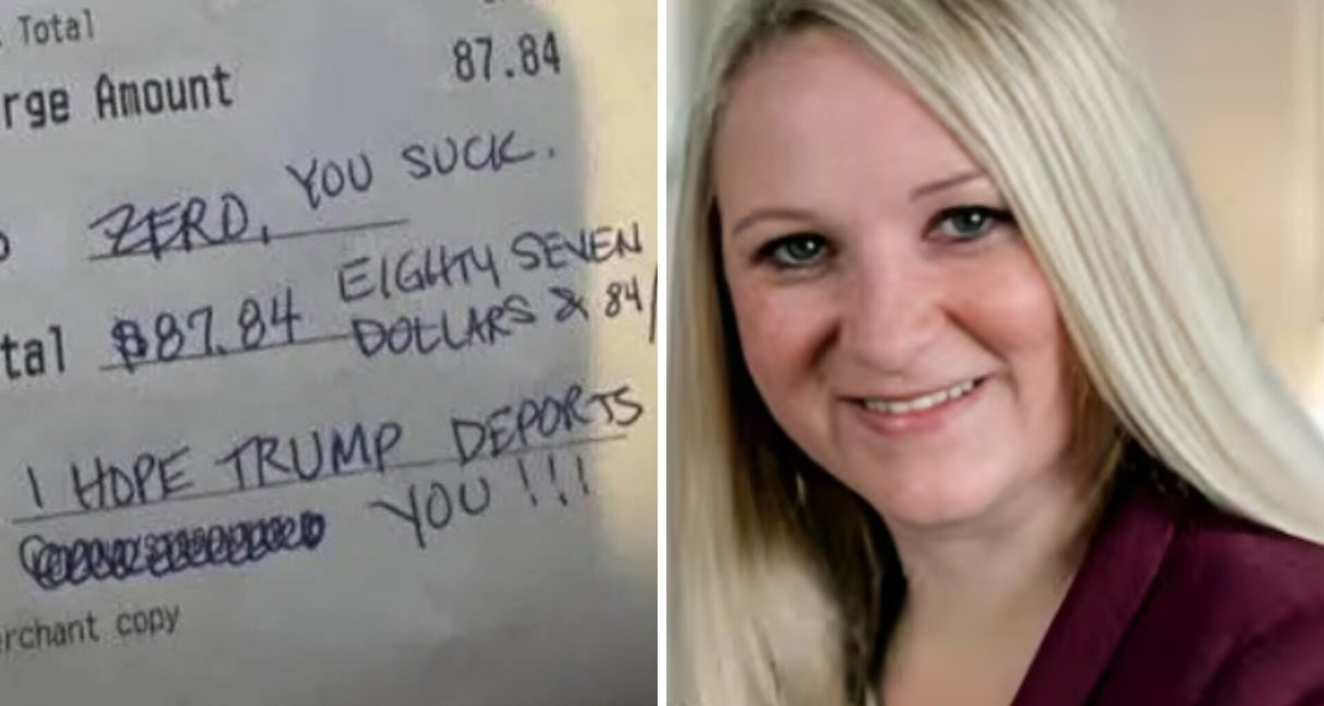Bigot Stephanie Lovins, OH realtor, loses job after writing to US waiter: "I hope Trump deports you" + $0 tip, then lied that her card had been stolen. CCTV told the truth.