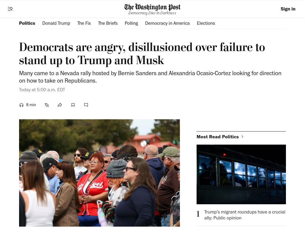 Democrats are angry, disillusioned over failure to stand up to Trump and Musk. Many came to a Nevada rally hosted by Bernie Sanders and Alexandria Ocasio-Cortez looking for direction on how to take on Republicans.