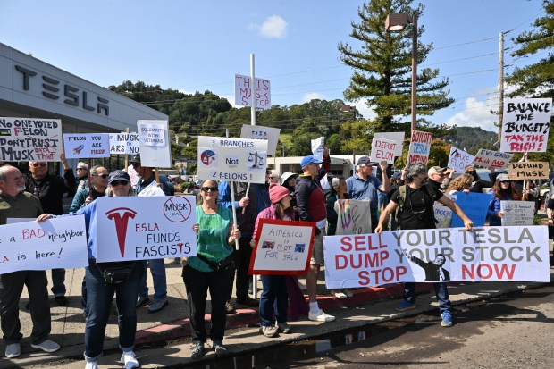 Demonstrators gather outside a Tesla dealership to protest Tesla CEO...