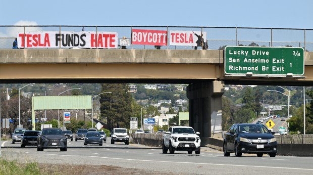 Signs directed at Elon Musk hang on a freeway overpass...
