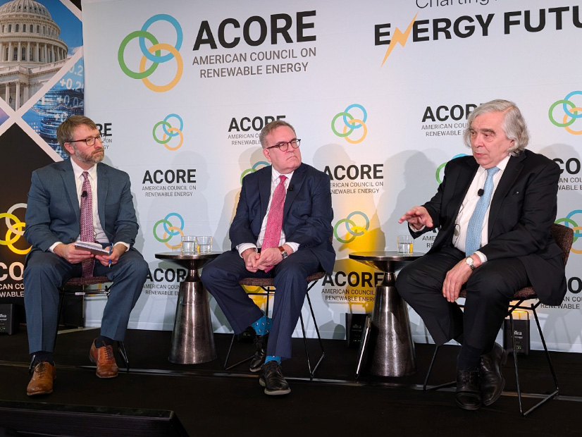 At the ACORE Policy Forum on Feb. 26, (from left) moderator Matthew Nelson, director of energy policy at Walmart, leads an on-stage conversation with former EPA Administrator Andrew Wheeler and former Energy Secretary Ernest Moniz.