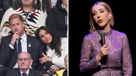 Katherine Ryan talked about Meghan Markle and Prince Harry on her podcast. (AP, Instagram/@kathbum)