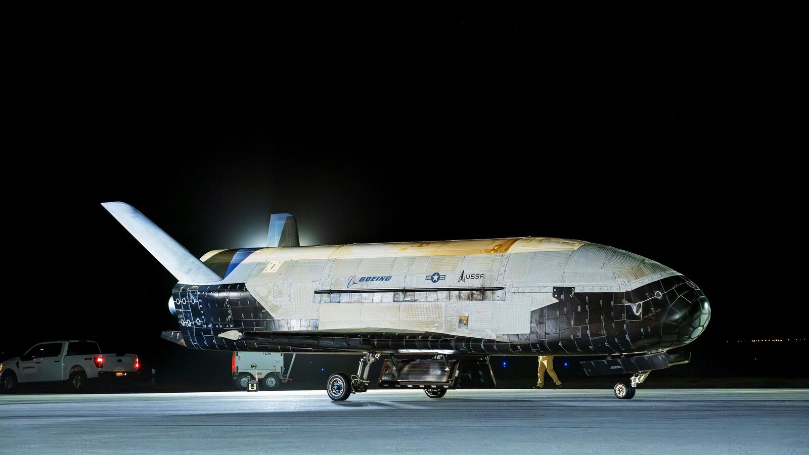 This photo provided by United States Space Force the X-37B Orbital Test Vehicle-7 (OTV-7), the U.S. Space Force’s dynamic unmanned spaceplane, successfully deorbited and landed at Vandenberg Space Force Base, Calif., on March 7, 2025.  (United States Space Force via AP)
