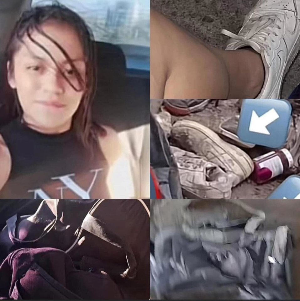 Collage of a woman's photo and images of clothing and shoes found near burned bodies.