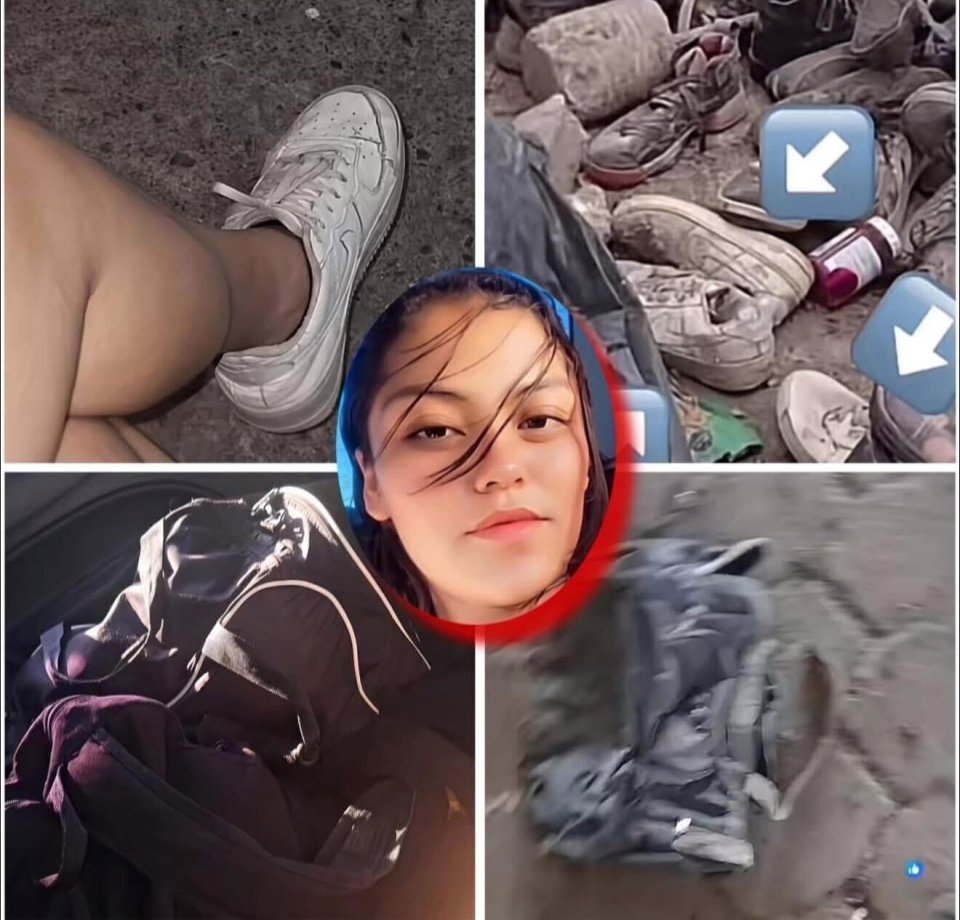 Collage of a young woman's photo and images of shoes and a backpack found near a mass grave.