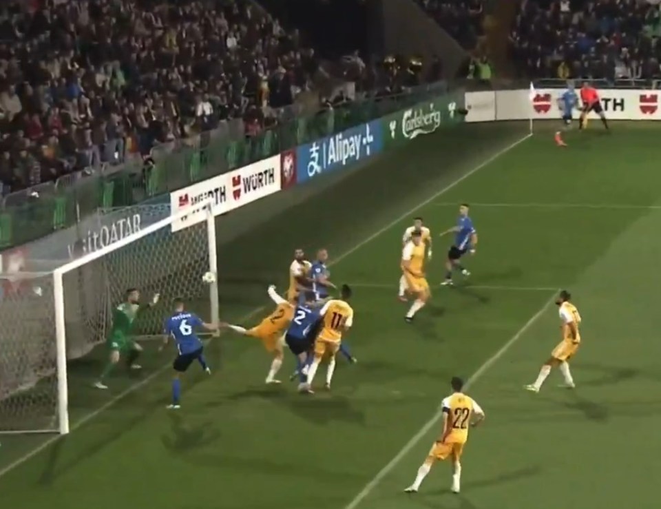 Soccer players vying for the ball near the goal.