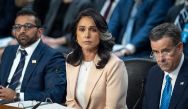 Director of National Intelligence Tulsi Gabbard, center, is flanked by FBI Director Kash Patel, left, and CIA Director John Ratcliffe, as the Senate Intelligence Committee holds its worldwide threats hearing, on Capitol Hill in Washington, on March 25.
