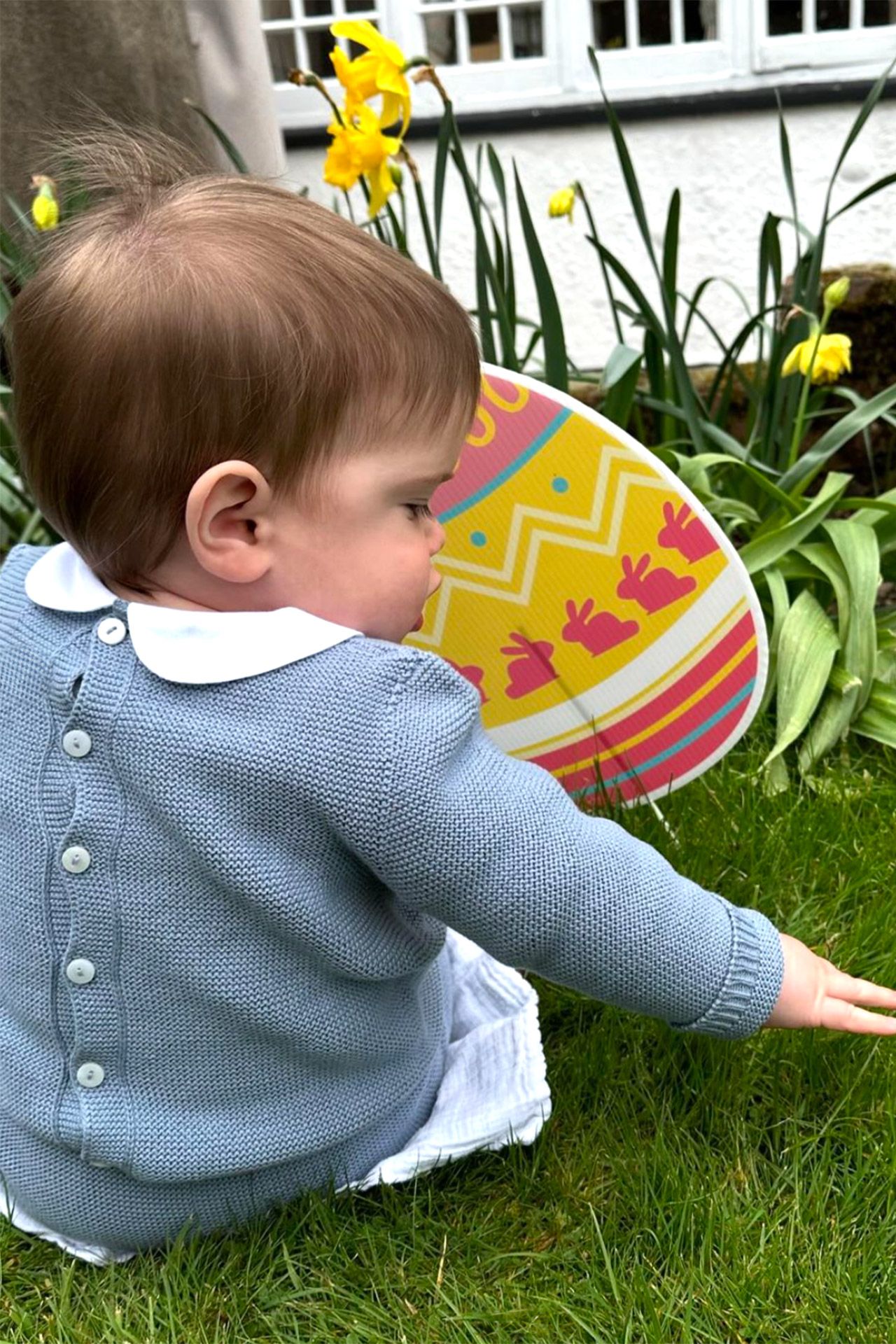 Image may contain Grass Plant Baby Person Clothing Knitwear Sweater Face Head Photography and Portrait