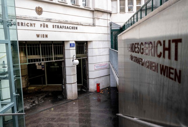 Entrance of the Vienna's Regional court room are pictured in Vienna, Austria, on February 1, 2023. - The verdict of the trial of the six men who helped a gunman carry out Austria's first deadly jihadist attack is expected on February 1, 2023. Convicted Islamic State group sympathiser Kujtim Fejzulai went on a shooting rampage on November 2, 2020 in downtown Vienna, killing four and wounding 23 others before police shot him dead. (Photo by JOE KLAMAR / AFP) (Photo by JOE KLAMAR/AFP via Getty Images)