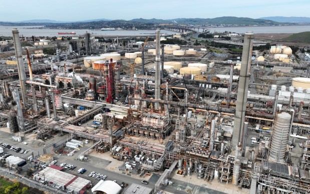 A drone view of the Martinez Refining Company in Martinez, Calif., on Thursday, Feb. 27, 2025. There was a large fire at the refinery on Feb. 1. (Jane Tyska/Bay Area News Group)