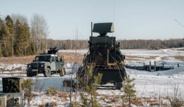 Saab's Loke c-UAS comprised of the Giraffe 1x radar and Trackfire remote weapon station in the snow