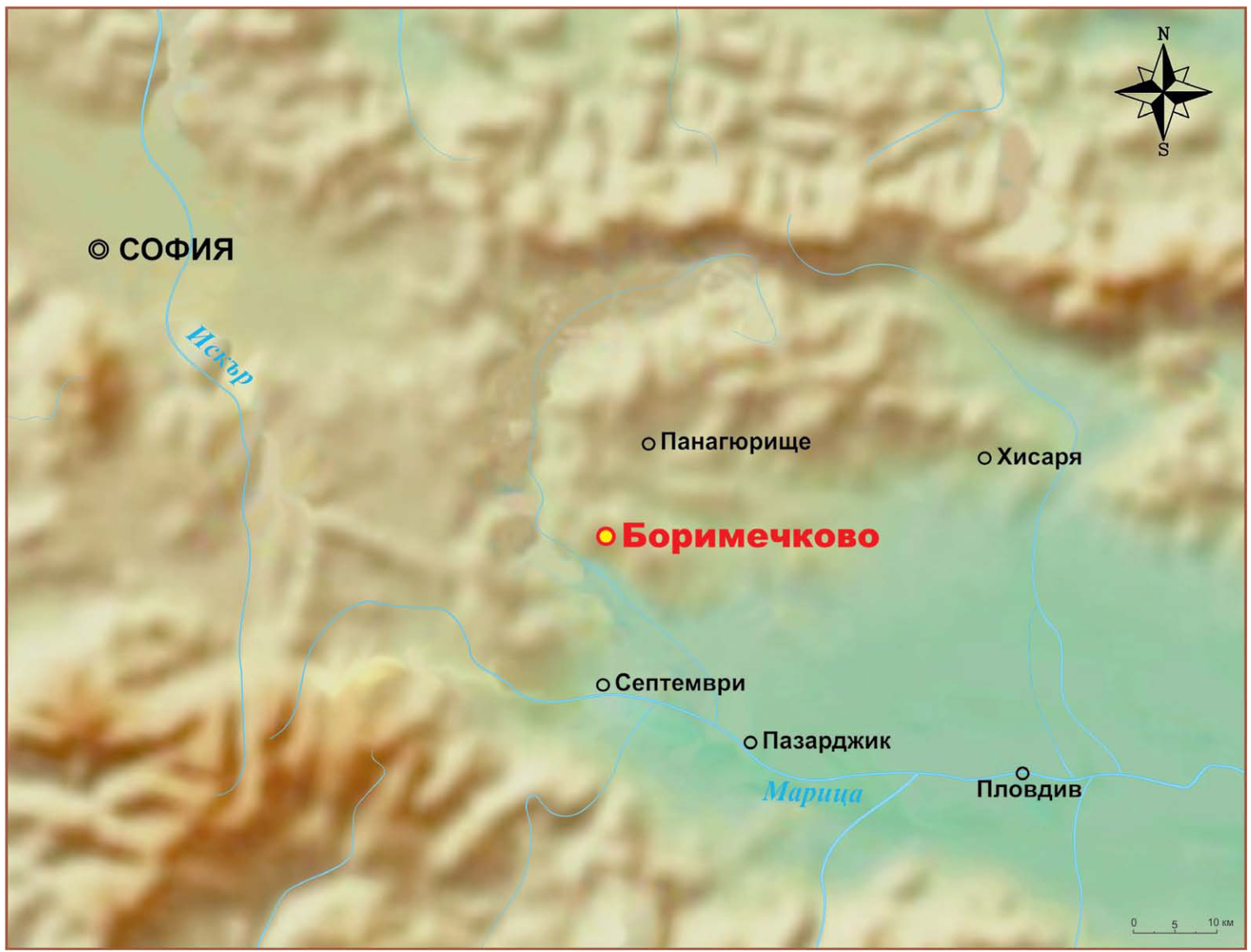 The village of Borimechkovo on the relief map of the region. 