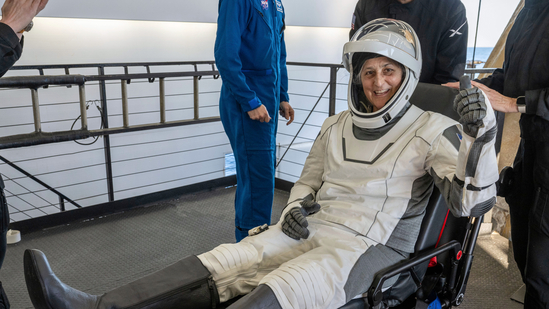 NASA astronaut Suni Williams gives a thumbs-up after being helped out of a SpaceX capsule onboard the SpaceX recovery ship Megan after landing in the water off the coast of Tallahassee, Fla., Tuesday, March 18, 2025. ((Keegan Barber/NASA via AP))