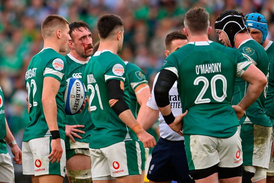 Jack Conan of Ireland, centre, and team-mates after the Six Nations Rugby Championship win over Italy at the Stadio Olimpico in Rome, Italy. Photo: Ramsey Cardy/Sportsfile