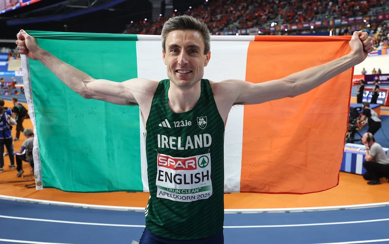 Ireland’s Mark English celebrates after the men's 800m final. Photograph: Morgan Treacy/Inpho
