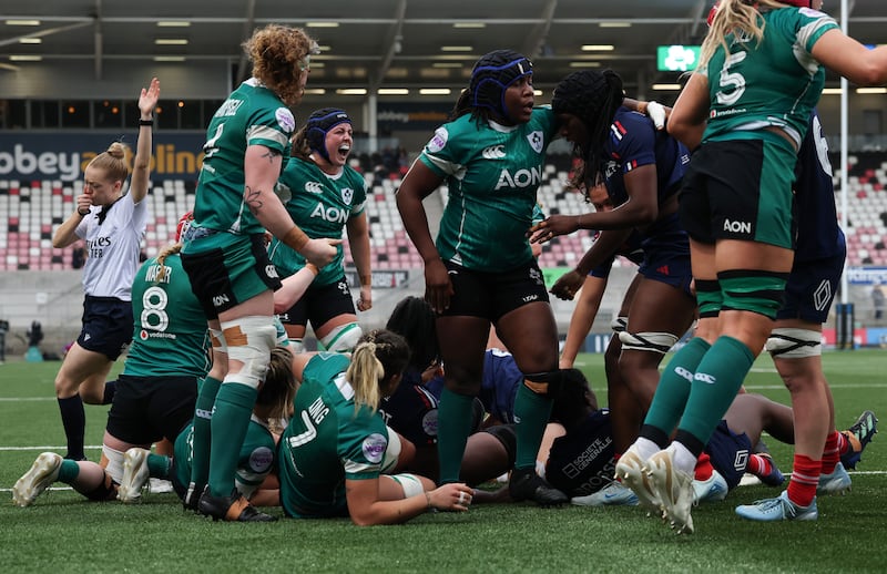 Ireland's Neve Jones scores a try against France. Photograph: Ben Brady/Inpho