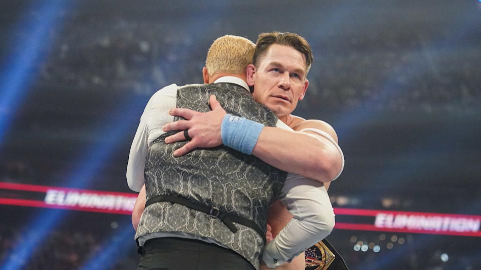 TORONTO, CANADA - MARCH 01: John Cena hugs Cody Rhodes during WWE Elimination Chamber at Rogers Centre on March 1, 2025 in Toronto, Canada. (Photo by Georgiana Dallas/WWE via Getty Images)