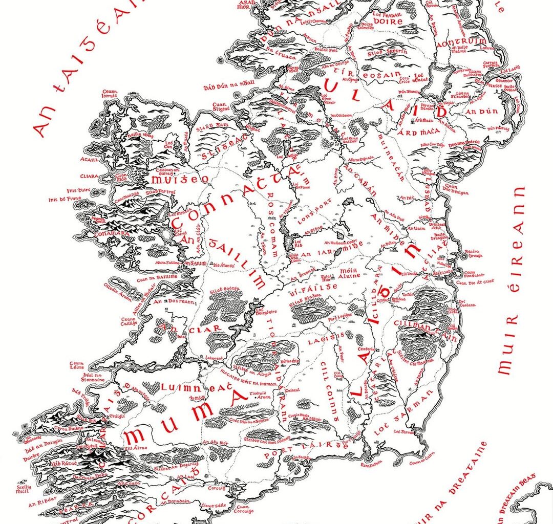 A Map of Éire, hand-drawn in pen and ink by myself in the style of Tolkien's fold-out maps. My first time handwriting with An Cló Gaelach. I also made an English version using my own handmade font. Thank you to this sub for the advice, I hope you enjoy and please suggest any more improvements :)