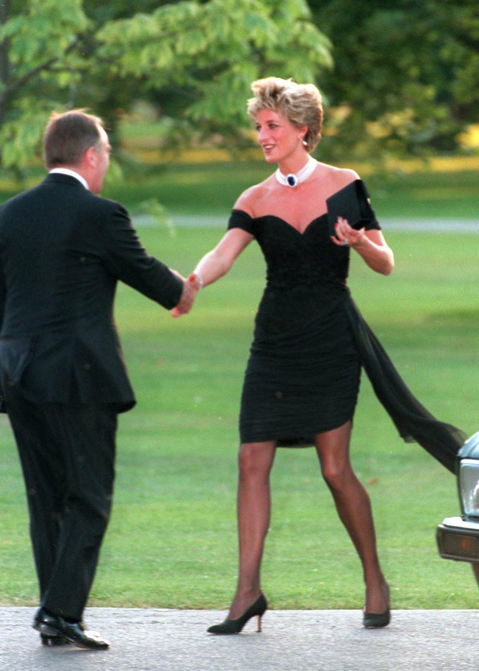 princess Diana Christina Stamboulian revenge dress black, collingwood pearl drop earrings