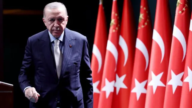Recep Tayyip Erdogan camina junto a banderas de Turquía