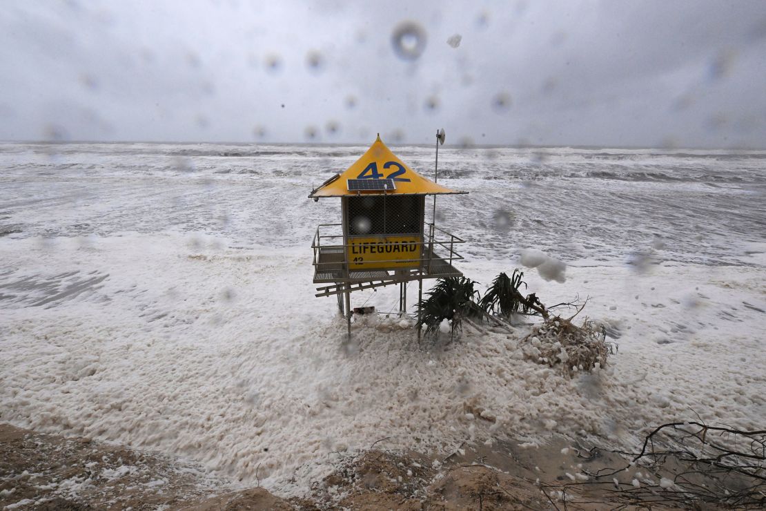 A lifeguard tower is surrounded by heavy seas following Cyclone Alfred on the Gold Coast, Australia, on Saturday, March 8, 2025.