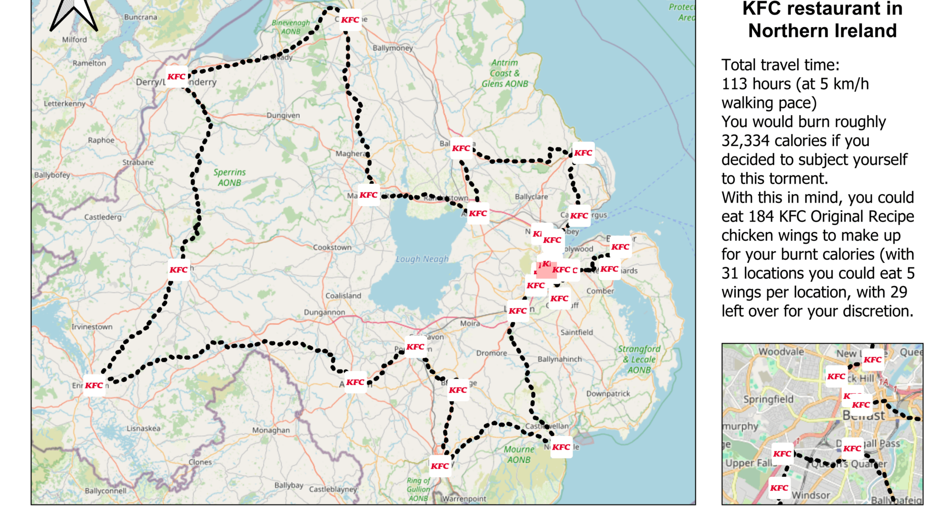 Shortest "round trip" by walking to every KFC location in Northern Ireland [OC]