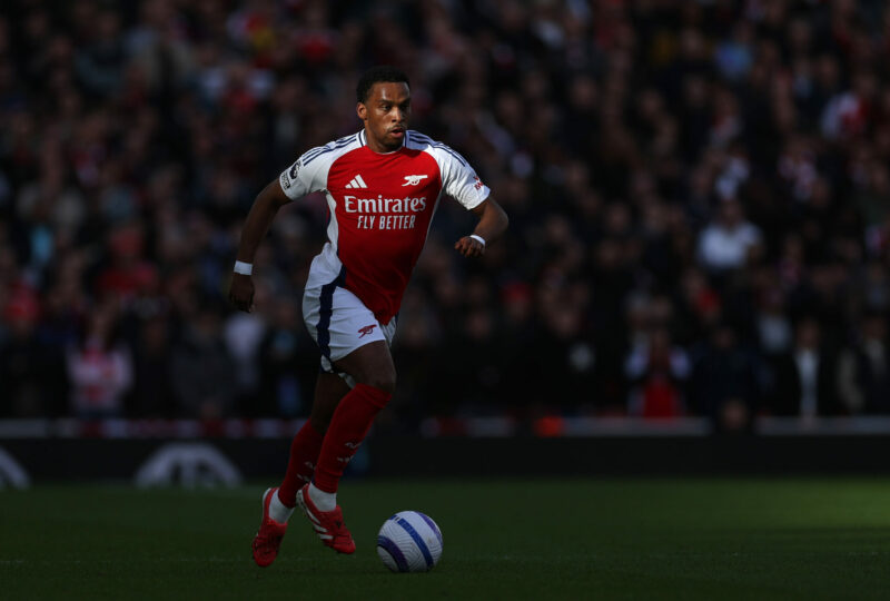 LONDON, ENGLAND - FEBRUARY 22: Jurrien Timber of Arsenal controls the ball during the Premier League match between Arsenal FC and West Ham United F...