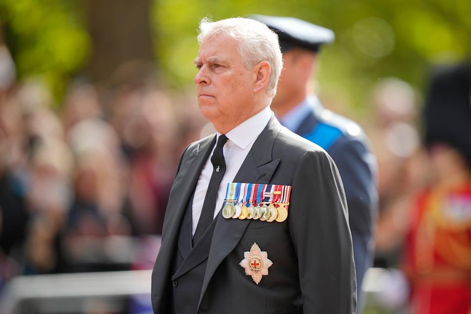 Prince Andrew wearing a gray suit with medals 