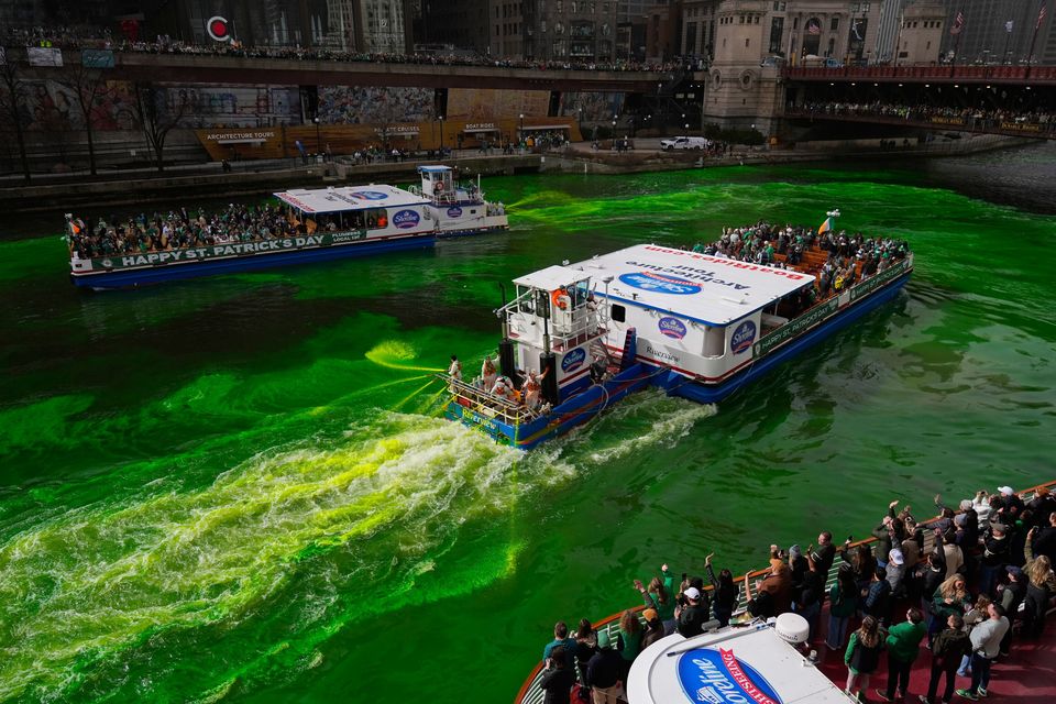 The Chicago River is dyed green as part of annual St Patrick's Day festivities. Photo: Erin Hooley