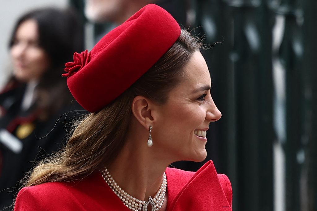 Britain's Catherine, Princess of Wales smiles as she arrives to attend the annual Commonwealth Day service ceremony at Westminster Abbey in London, on March 10, 2025