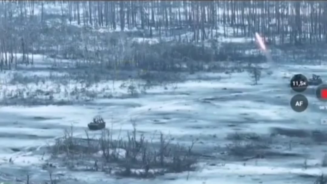 2022, Ukrainian soldiers intercept a Russian BMP-2 with soldiers on its roof with an FGM-14 JAVELIN, while the following BMP-2 is blown to pieces by an anti-tank mine.